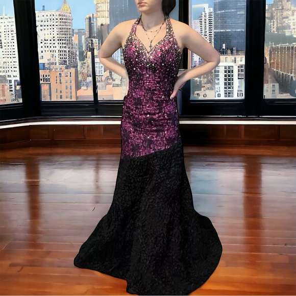 Johnathan Kayne Purple Black Lace Halter Goth Prom Wedding Dress Gown 2 edgy - Picture 2 of 15